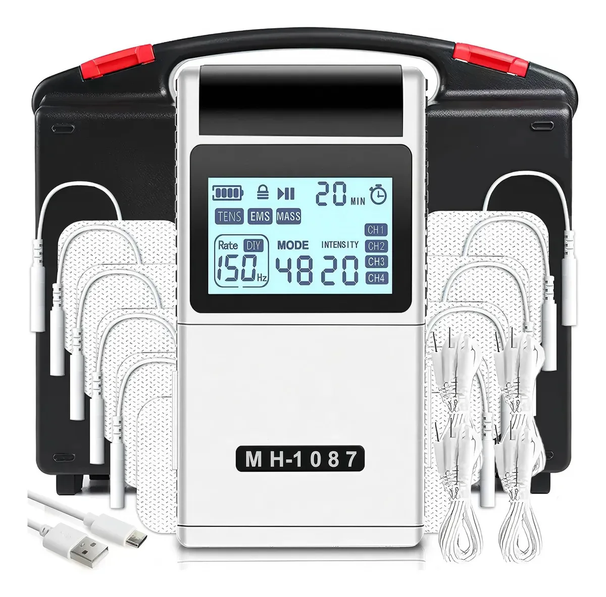 Digitales TENS EMS Gerät 4-Kanal Tens Elektrostimulator Wiederaufladbarer Muskelstimulator mit 20 Intensitätsstufen zur Schmerzlinderung
