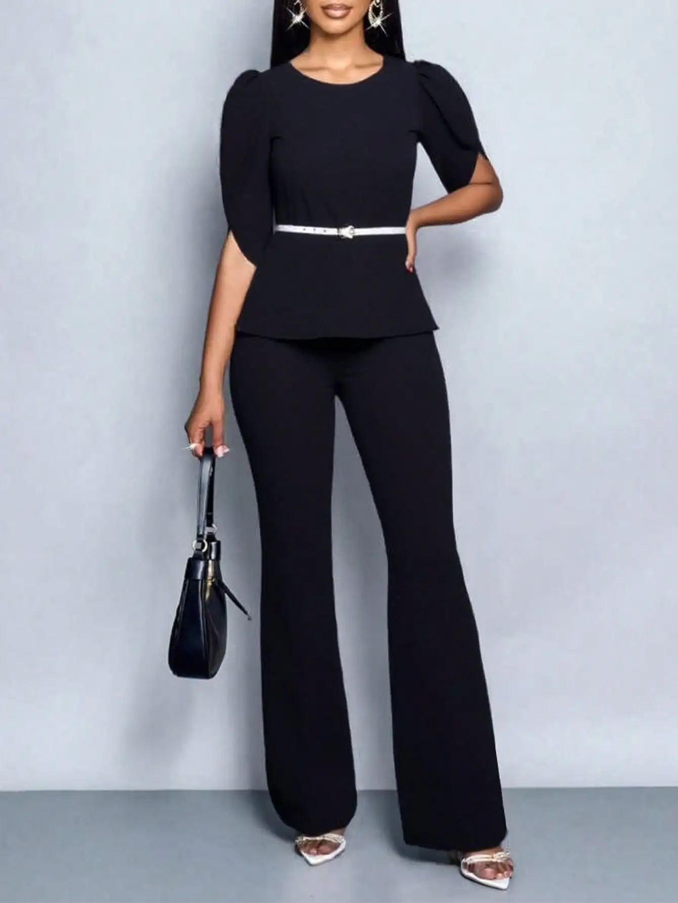 2025 último temperamento elegante color sólido top pantalones de pierna ancha conjunto de dos piezas con cinturón