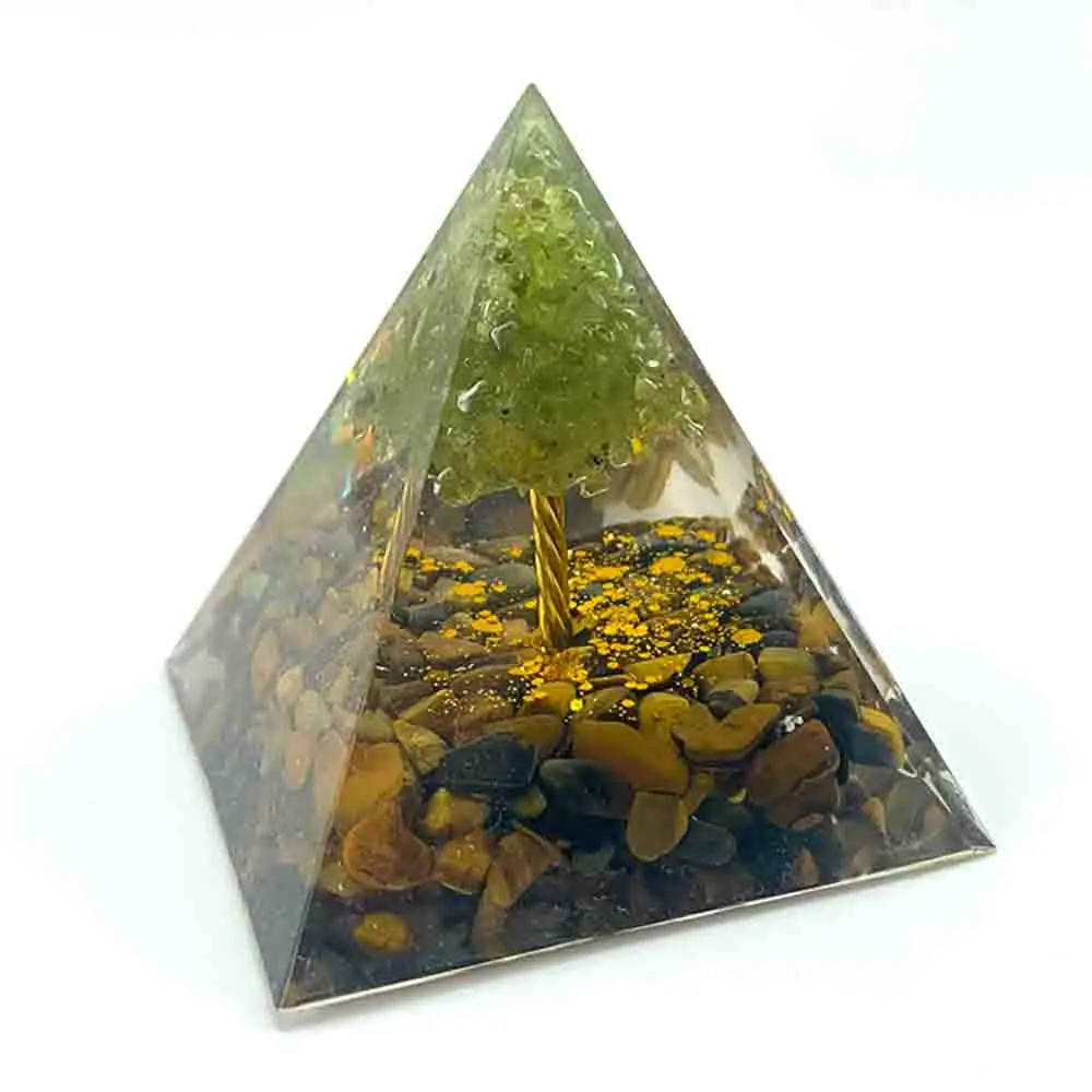 Orgone Pyramid Yellow Tiger stone Tree Of life Healing Crystal Energy Orgonite Pyramide Emf Protection Meditation Tool Quartz