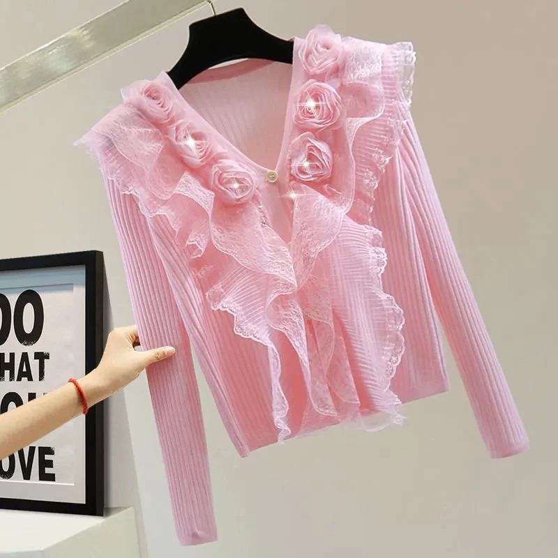 

Heavy Industry Flower Lotus Leaf Edge V-neck Ice Silk Sunscreen Sweater Nail Bead Lace Knitted Sweater Fashion Pullover Knitwear