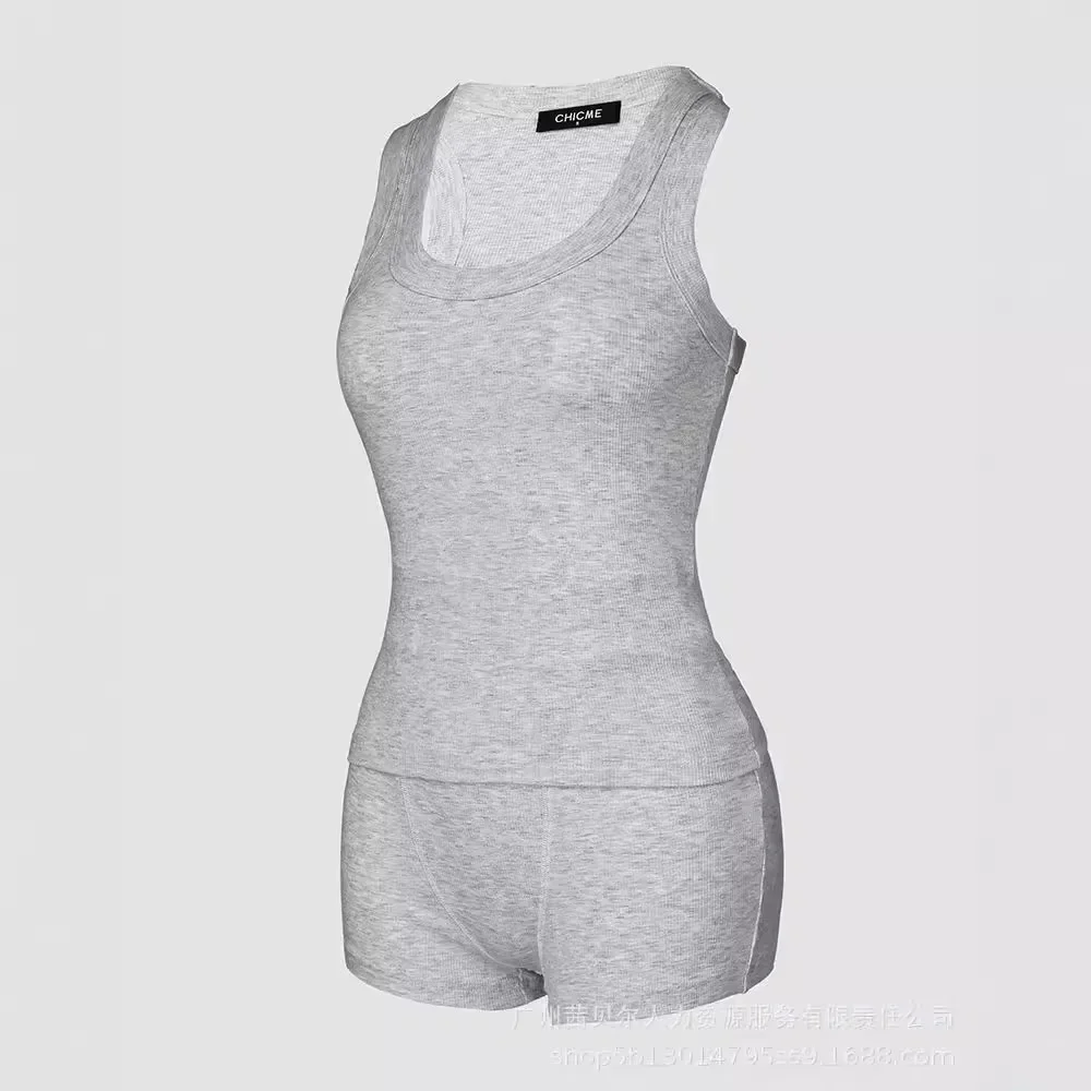 المرأة الصلبة اللون الصيف أكمام مثير 2PCS U الرقبة تانك الأعلى والسراويل غير رسمية مجموعة الملابس ضئيلة مجموعة