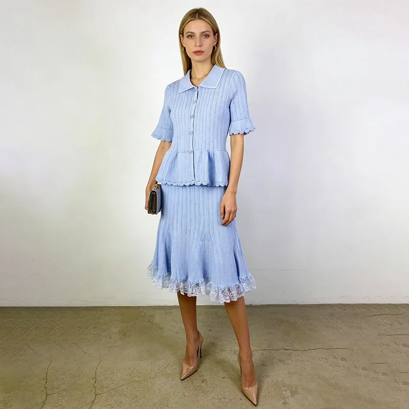 

Elegant Vintage Knitted 2 Piece Dress Set Women Retro Hollow Out Peplum Top and Lace Hem A-Line Skirt Party Gown Birthday Outfit