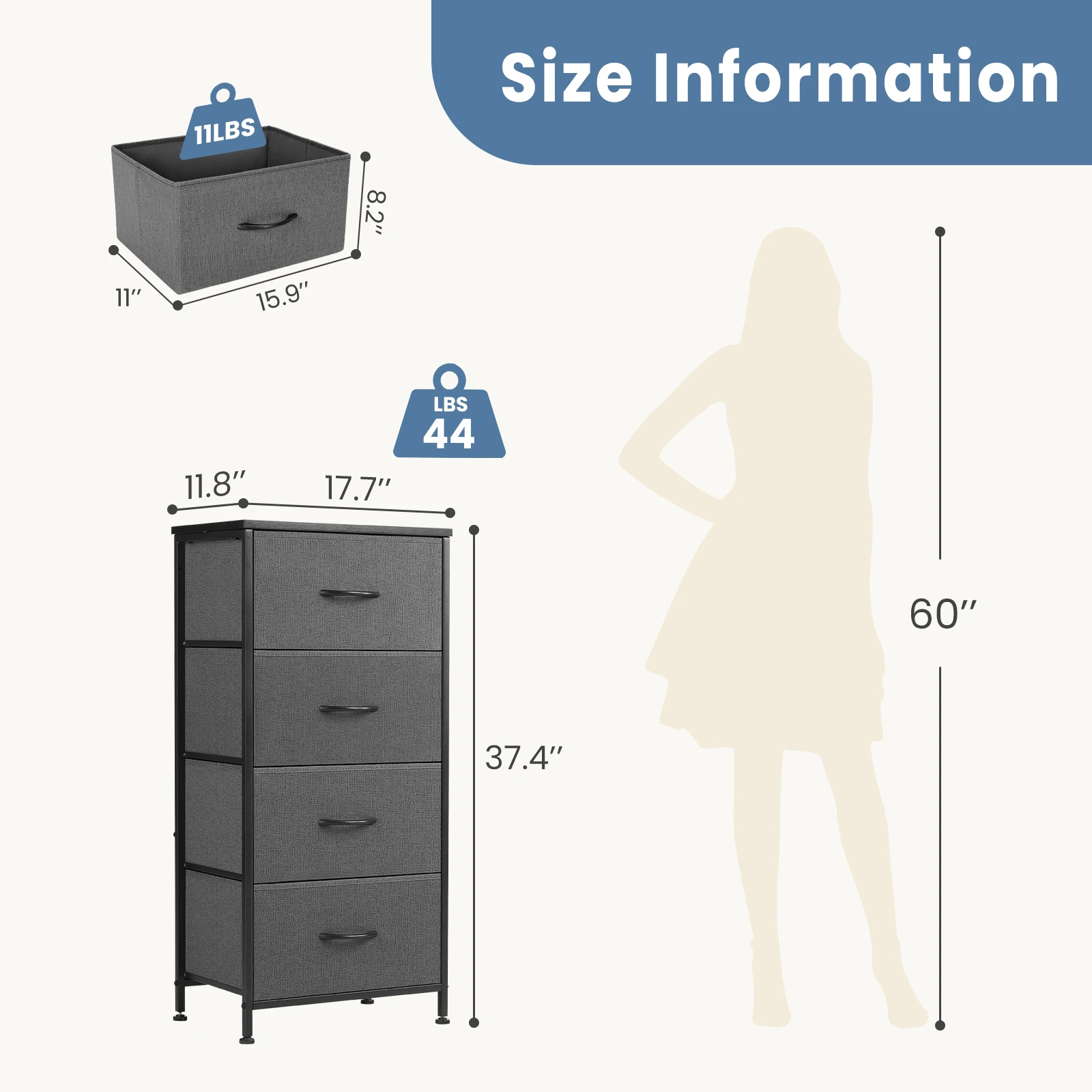 #¥JHK Dresser For Bedroom With 4 Fabric Drawers Nightstand Wardrobe Steel Frame Closet For Clothes