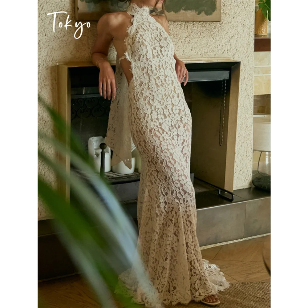 Tokyo Elegant Floral Lace Maxi Dress Open Back Beach Wedding Gown Vintage High Neck Mermaid Evening Reception Party Dress 2026