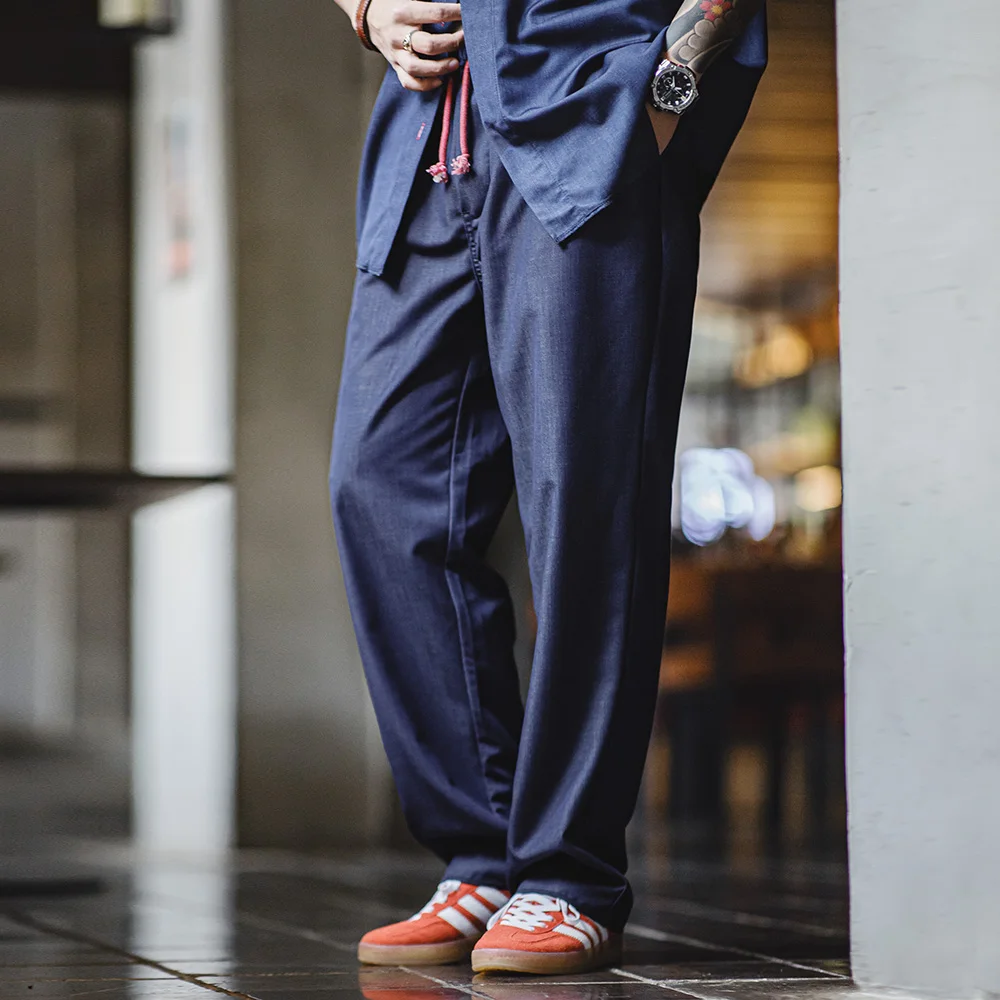 Maden-Conjunto de camisa de manga longa azul vintage masculino, calça reta, roupas casuais soltas, tamanho grande, 2 peças, para primavera