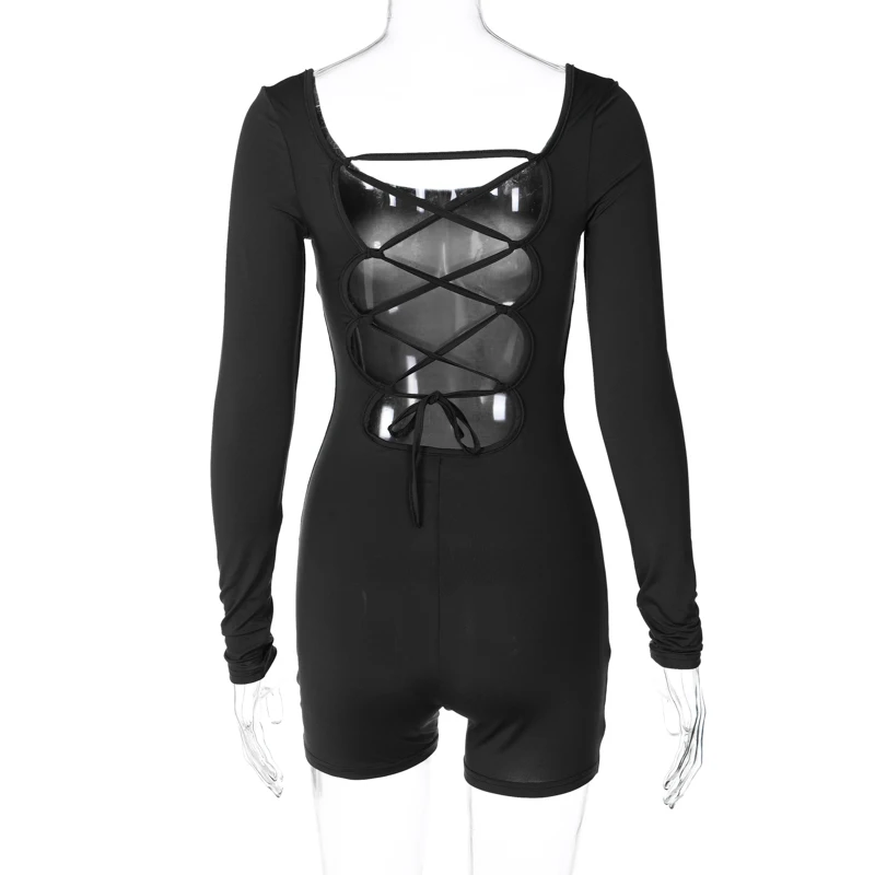 Hugcitar Lange Ärmel, rückenfrei, solide Schnürung, sexy, schlank, dünn, Overall, 2024, Herbst, Damenmode, Y2K, Streetwear, Party, Club, Rompe – Detail 7