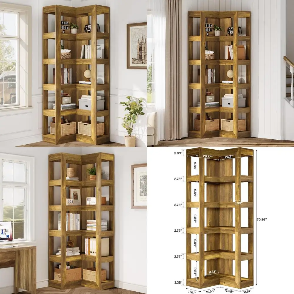 رف كتب زاوية خشبي من 6 طبقات لتخزين غرفة المعيشة وغرفة النوم الكبيرة على شكل حرف L #1