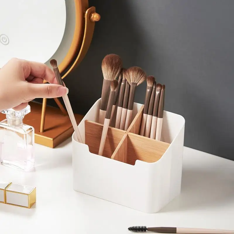 Caja de almacenamiento de escritorio de 4 lados, organizador de escritorio Caddy, organizador de pinceles de maquillaje y papelería de 4 lados para cosméticos con bolígrafo remoto