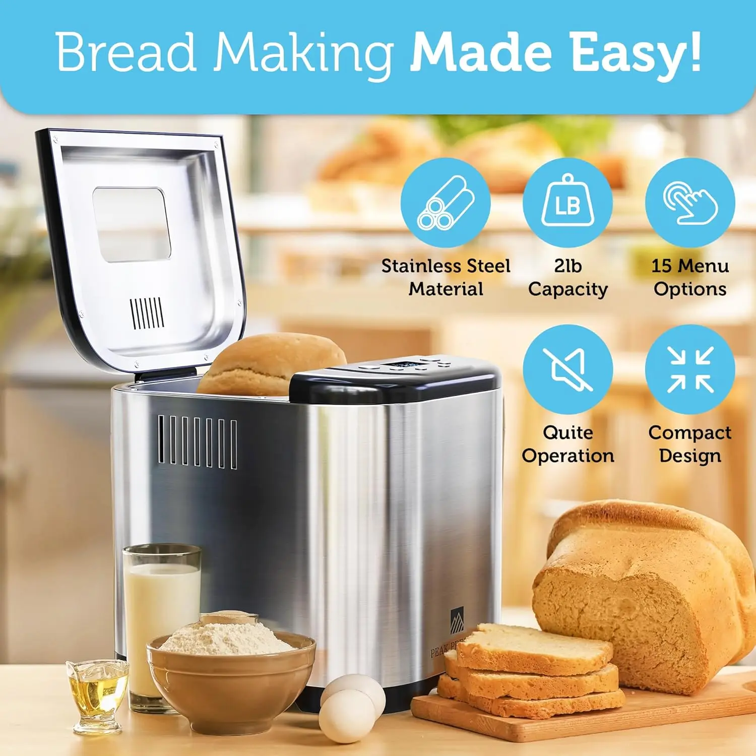 เครื่องทํา - โปรแกรมที่ปรับแต่งได้ 15 โปรแกรม, สีเปลือก 3 สีและก้อนสูงสุด 2 ปอนด์, เครื่องทําขนมปังอัตโนมัติสแตนเลสพร้อมแป้ง