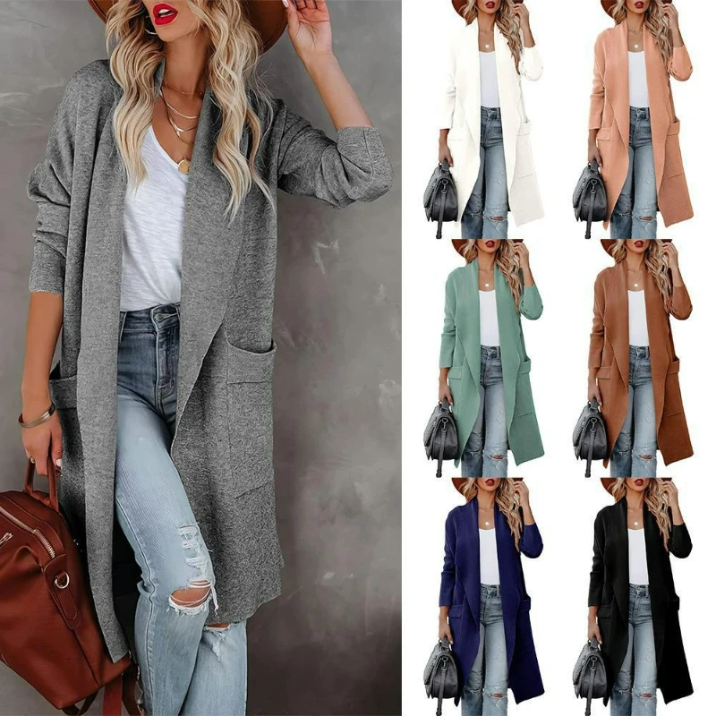 

Cardigan Women Long Blends Solid Full Sleeve Warm Pockets Wool Coats Thick Casual Spliced Elegant Lady Autumn Winter 2025