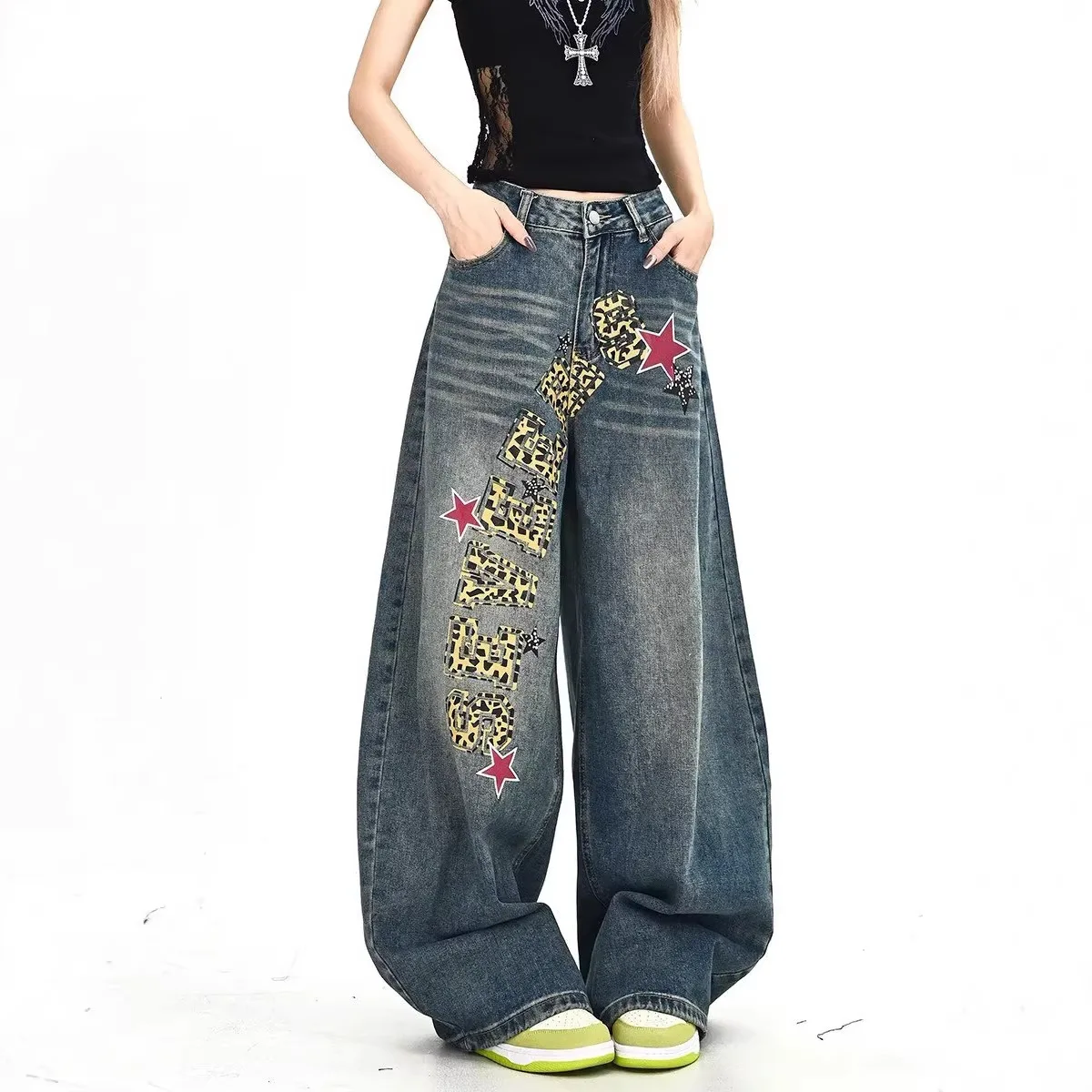 

Retro American Leopard Print Letter Print Jazz Dance Wide Leg Knife Pants Women Summer High Waist Cotton Jeans