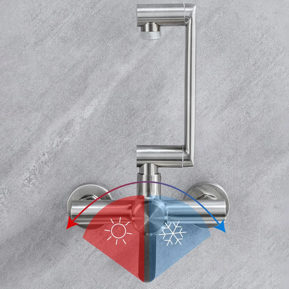 Kitchen Sink Faucet Wall Mounted 304 Stainless Steel Swinging Arm Rotation Double Hole Hot and Cold Water Saving Mixer Basin Tap