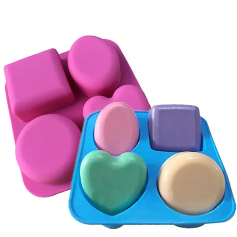 1PC 4 Cavity Soap Molds Round Oval Heart Square Shape Handmade Soap Cake Baking Mold Soap Making Tools Color Random