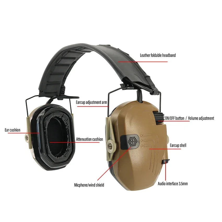 Airsoft Hunting Headset with New Headband, Removable for Shooting Range, Silicone Gel Ear Cushions, Foldable