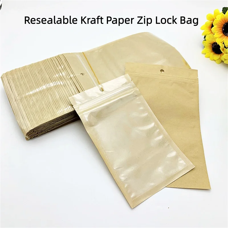 100pcs Brown Kraft Paper Zip Lock Bags with Transparent Front - Zipper Clip Self Sealing Paper Pouches for Nuts Cookies Package
