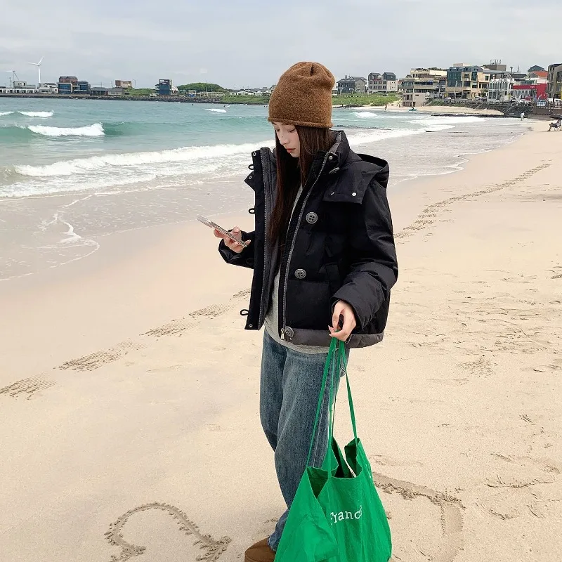 여성용 짧은 한국 스타일 보라색 멋진 배색 두꺼운 후드 겨울 재킷 신상 솜 패딩 옷