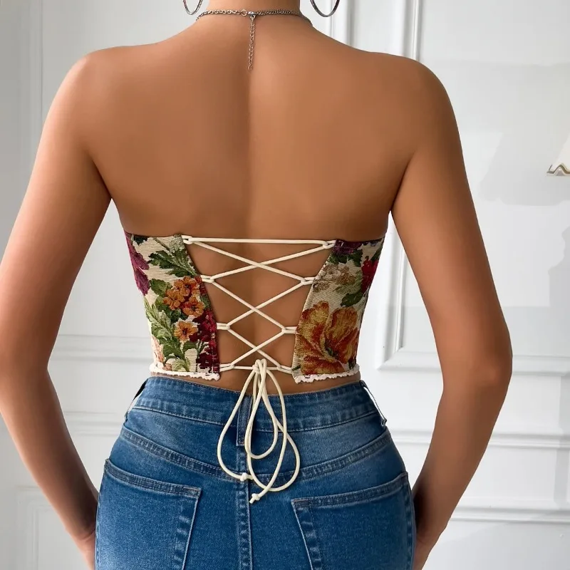 Abrini Y2K Street Sleeveless Bare Shoulder Crop Top Sexy Lace Embroidery Floral Backless Strapless Bandage Vest Fishbone Corset