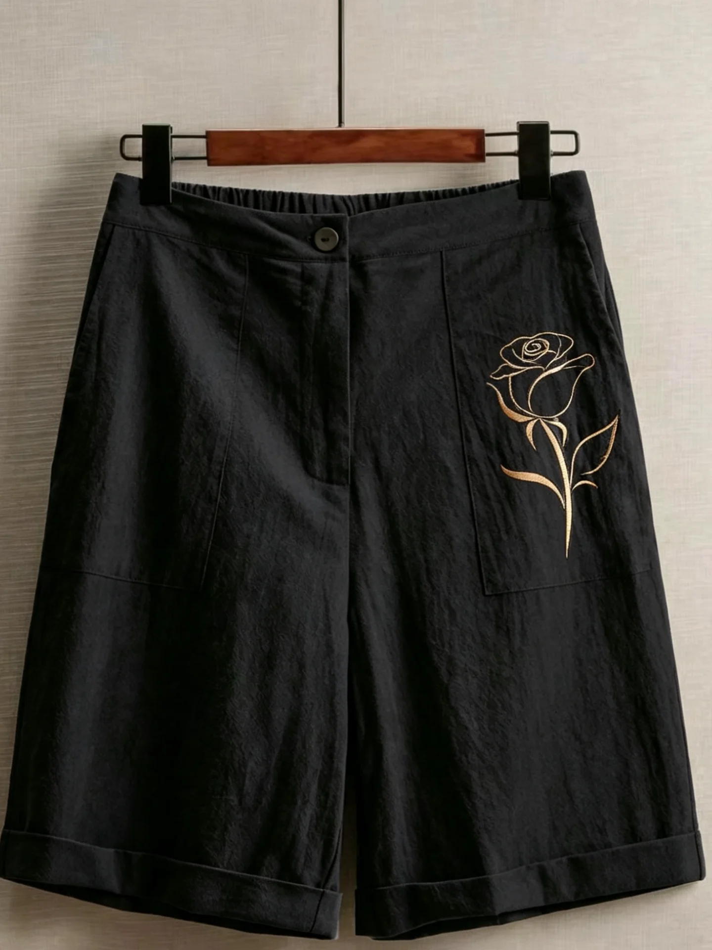 

High Waist Cotton Linen Straight Leg Shorts Minimalist Rose Print Women Daily Commute Casual Pants