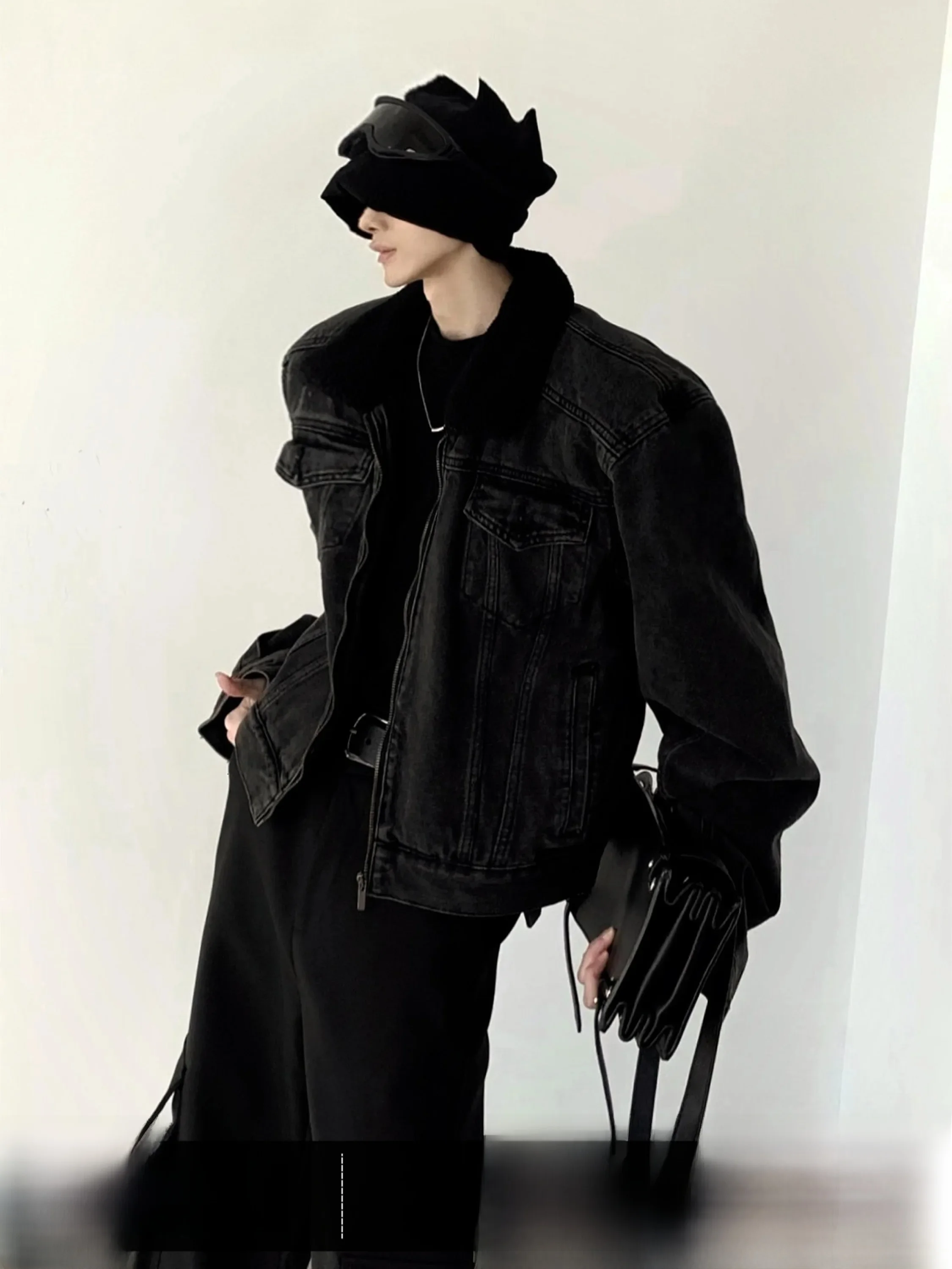 Autumn Mountain Wind Thickened Short Jeans Jacket Men's Winter Fashion Outerwear Lamb Fur Collar Splicing Design Straight Hem