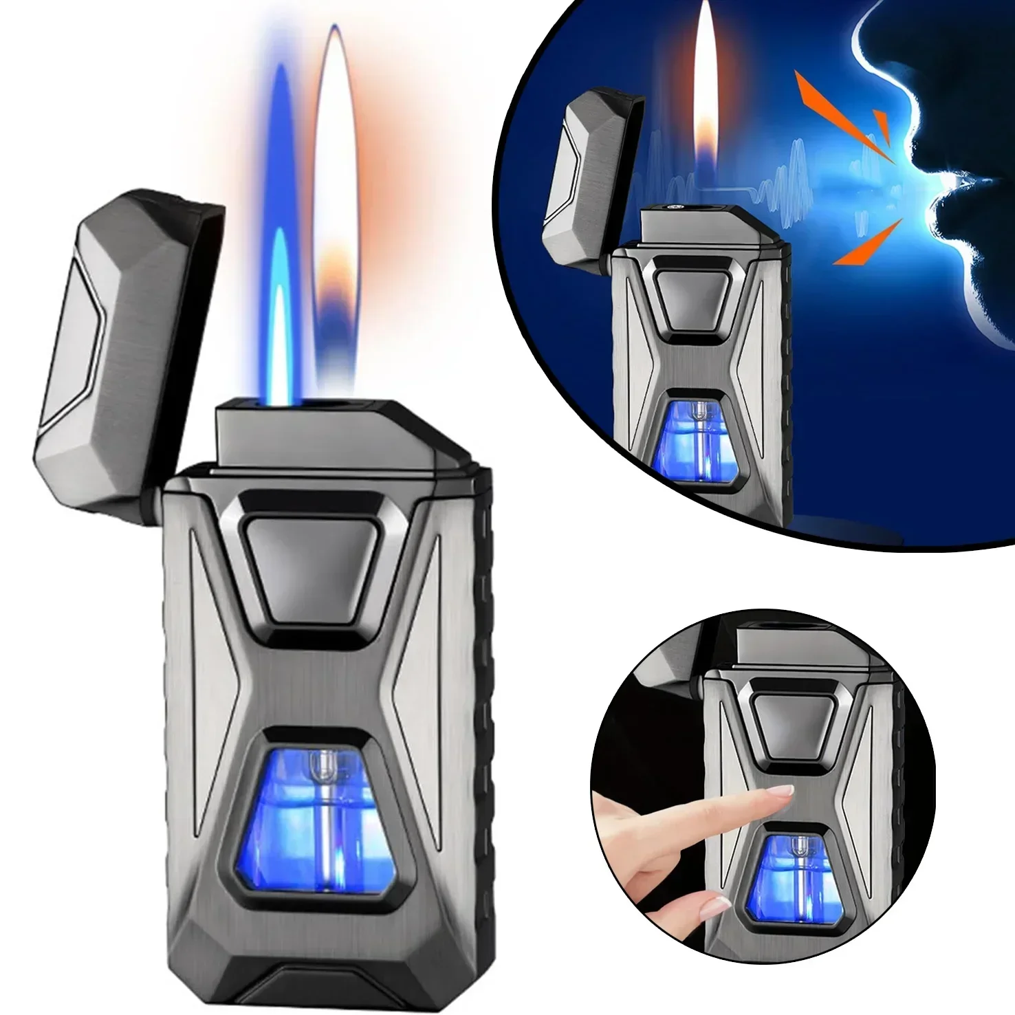 Luxuriöses Metall-Feuerzeug mit Butanbrenner, Sichtfenster, winddicht, mit doppelter Flamme, nachfüllbar, ein Geschenk für Männer, ideal zum Campen, Wandern und Grillen.