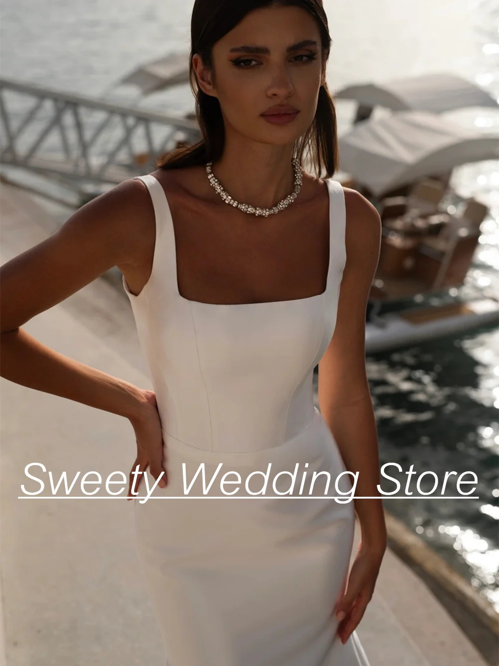 Simple Mermaid Wedding Dress Modern Bridal Gown 2024 Square Neck Sleeveless Backless Sweep Train Vestido De Noiva Bride Dresses image 3