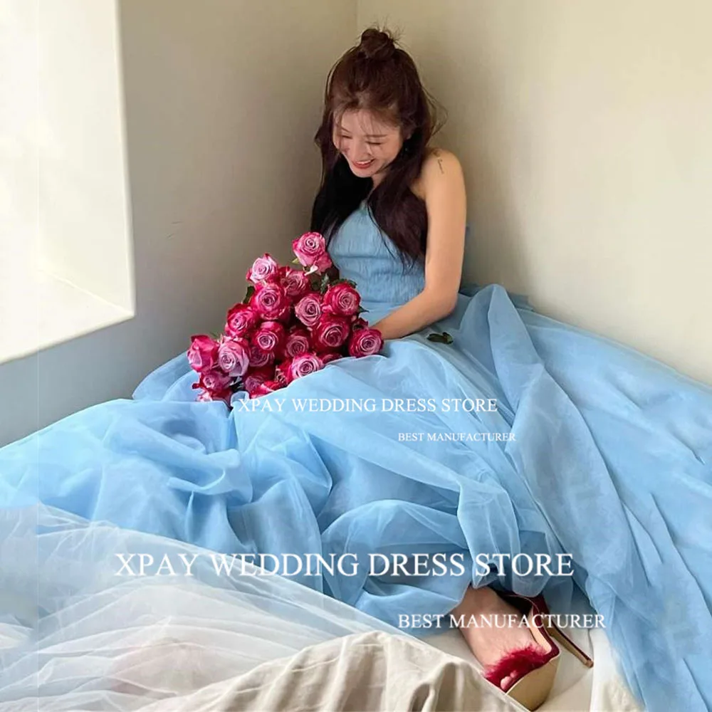 

XPAY Princess Blue Halter Neck Wedding Dresses Pleat Tulle Korea Bride Gown Corset Backless Wedding Photos Shoot Bridal Gown