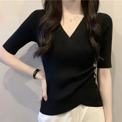 Fashion V-Neck Knitted Solid Color All-match Folds Blouse Female Clothing 2024 Summer New Casual Pullovers Asymmetrical Shirt