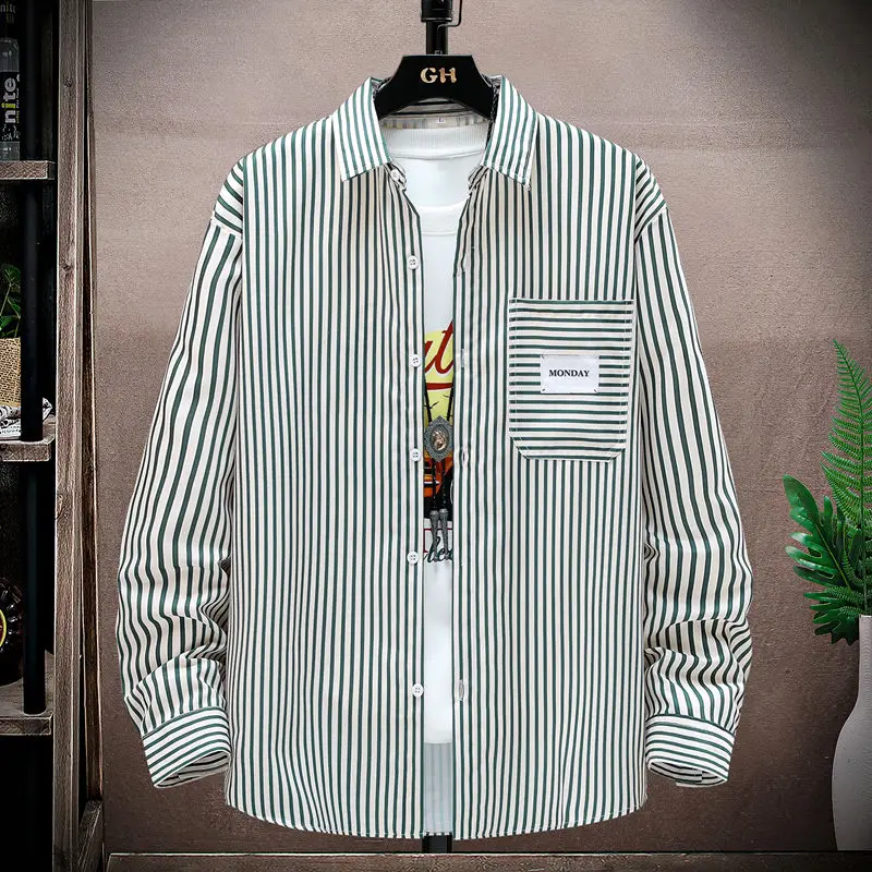 Casual Striped Long Sleeve Shirt Men's Loose Fit Stylish Hairdresser Versatile Outerwear Spring Autumn Season Polyester Fiber