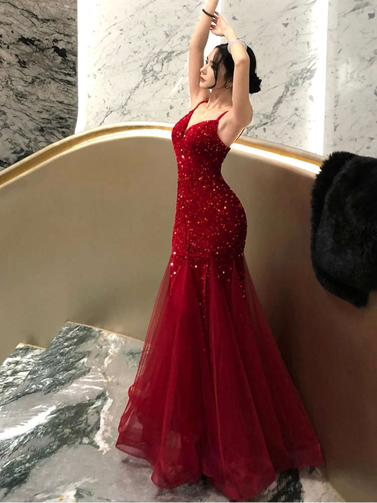 Sexy Backless Spaghetti Straps Red Evening Dress Elegant Deep V-Neck High Waist Luxury Shiny Sequins Party Female Tulle Dresses