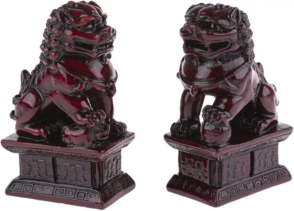 Red Chinese Lions - 2 Fu Dogs Figurines Chinese Asian Decoration - Feng Shui Decoration for Home Chinese Asian Gift Idea