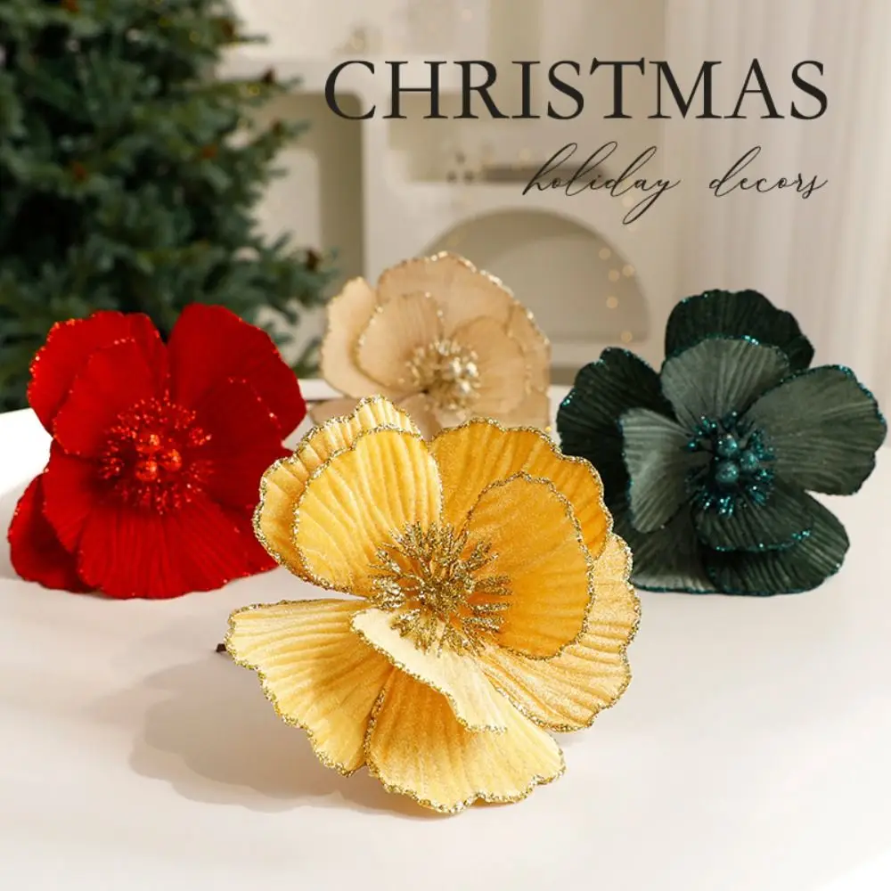 15cm Artificial Glitter Christmas Flower Large Flocking Christmas Poinsettia Flower Realistic DIY Wreath