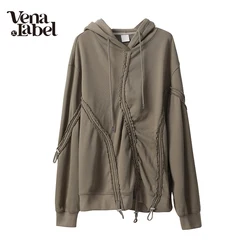 Vena Label Embroidered Hooded Drawstring Hooded Sweatshirt Women Vintage Hoodies Autumn Winter Long Sleeve Loose Clothing WA073