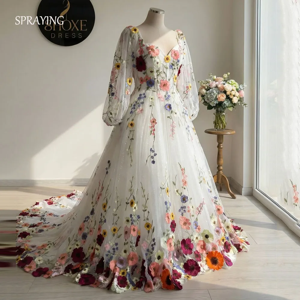 SPRAYING Luxury Lace Decal Wedding Dresses Sweetheart Long Sleeves Bridal Gowns Long Sweep Train Church Dress Customized 2026