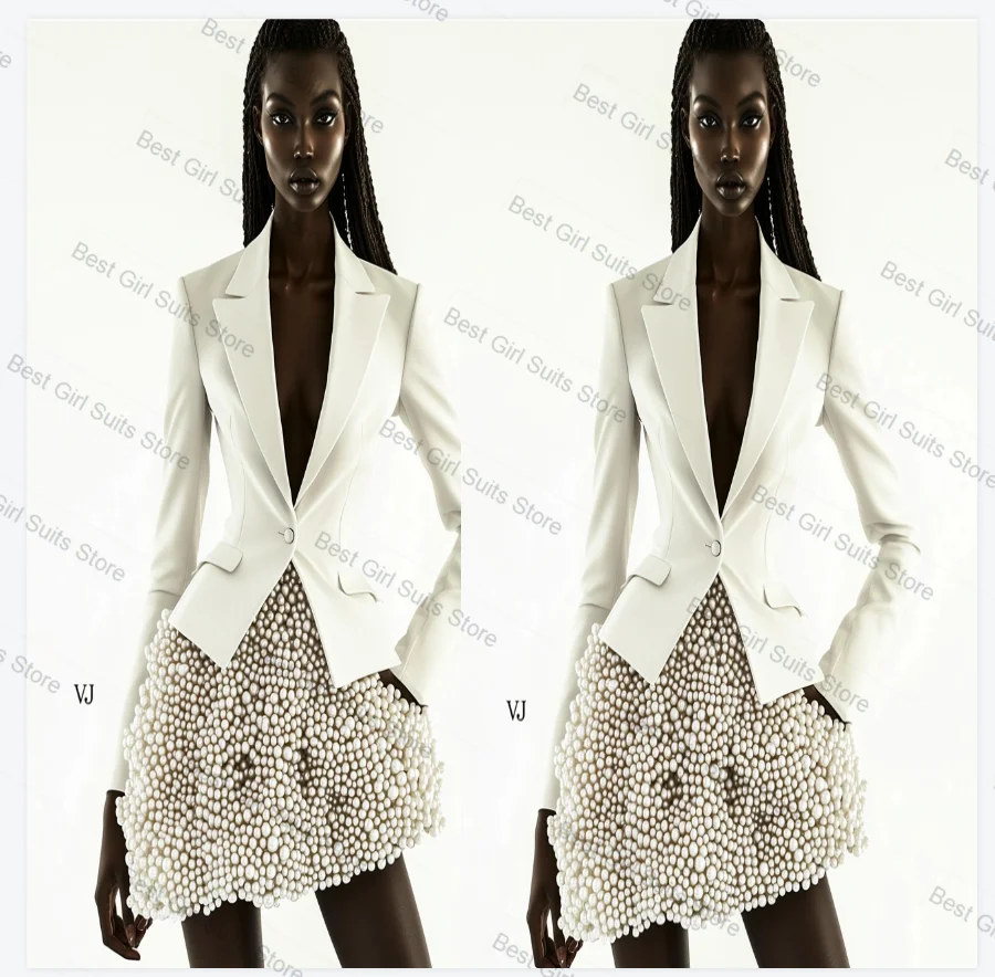 

Women Suit Skirt Set 2 Pcs Blazer+Short Mini Prom Dress Pearls Formal Office Lady Jacket Customized Wedding Coat(No Back Pearls)