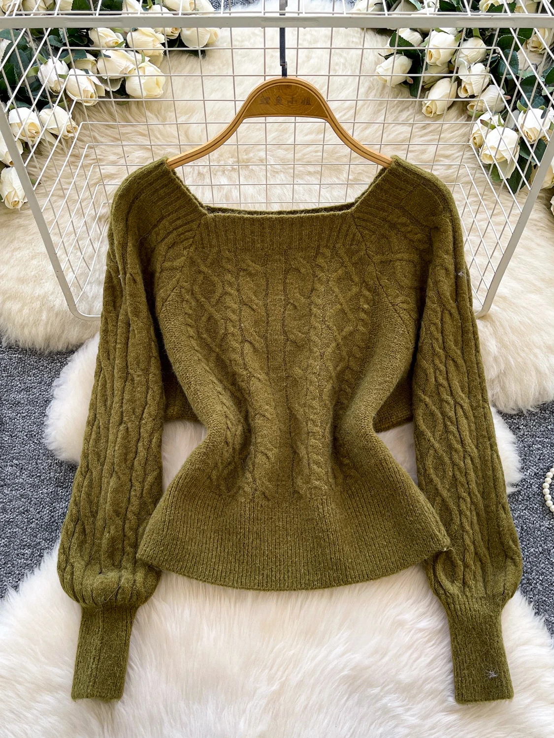 

Retro Y2K Cable-knit Green Long-sleeve Pullover Sweater Square-neck Solid Versatile Top Women's New Winter Korean Office Outfit