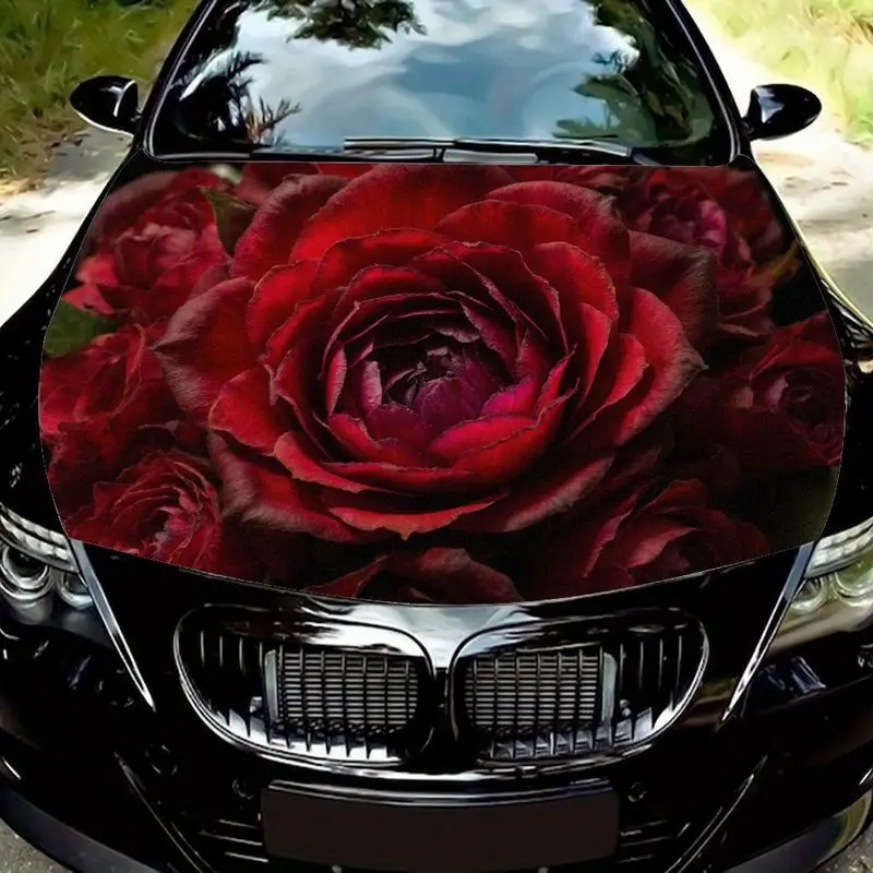 

Dark red rose burgundy shading car hood sticker, fresh petal texture and black background decorative sticker, high definition