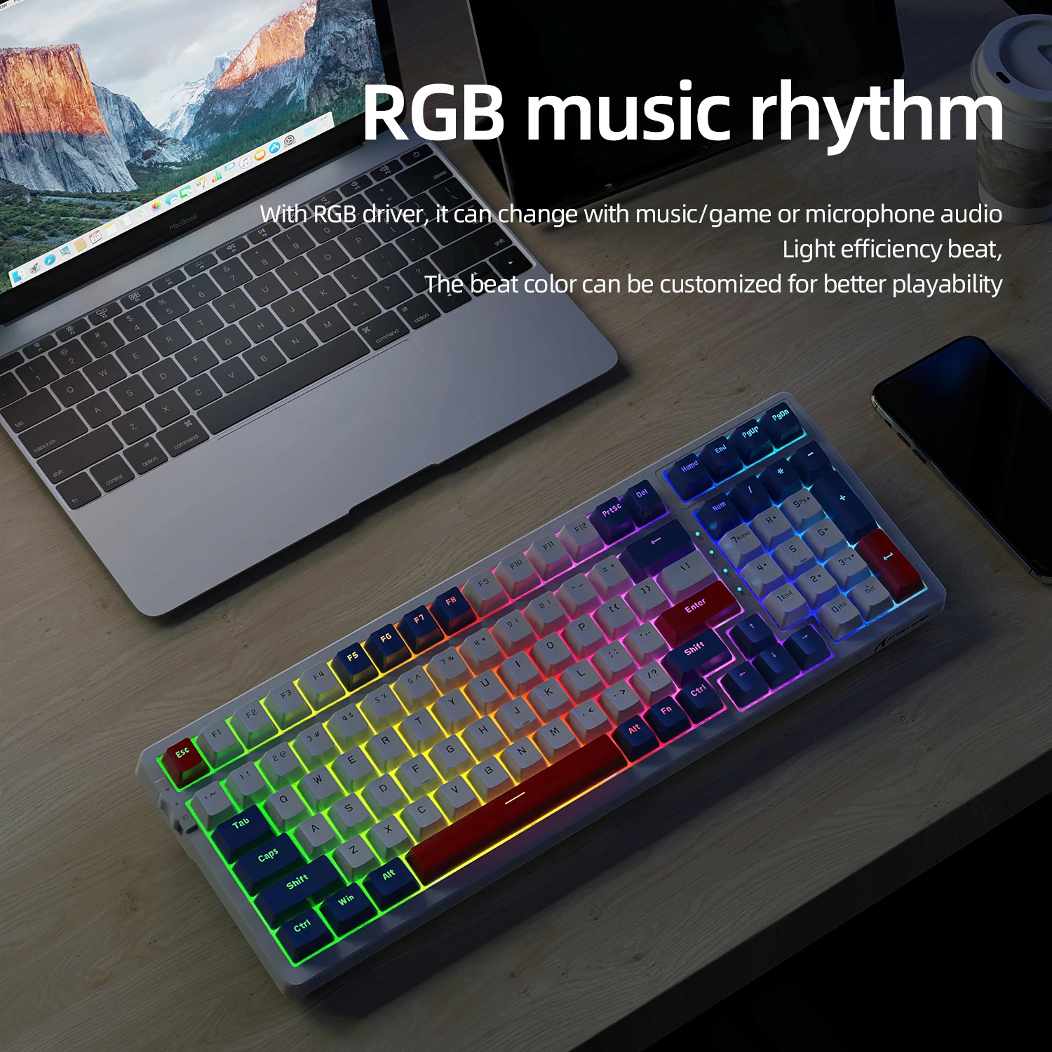 Teclado mecânico com fio Attack Shark, conexão tipo C, interruptor vermelho amarelo personalizado com efeito RGB para laptop, Mac, Android ﻿
