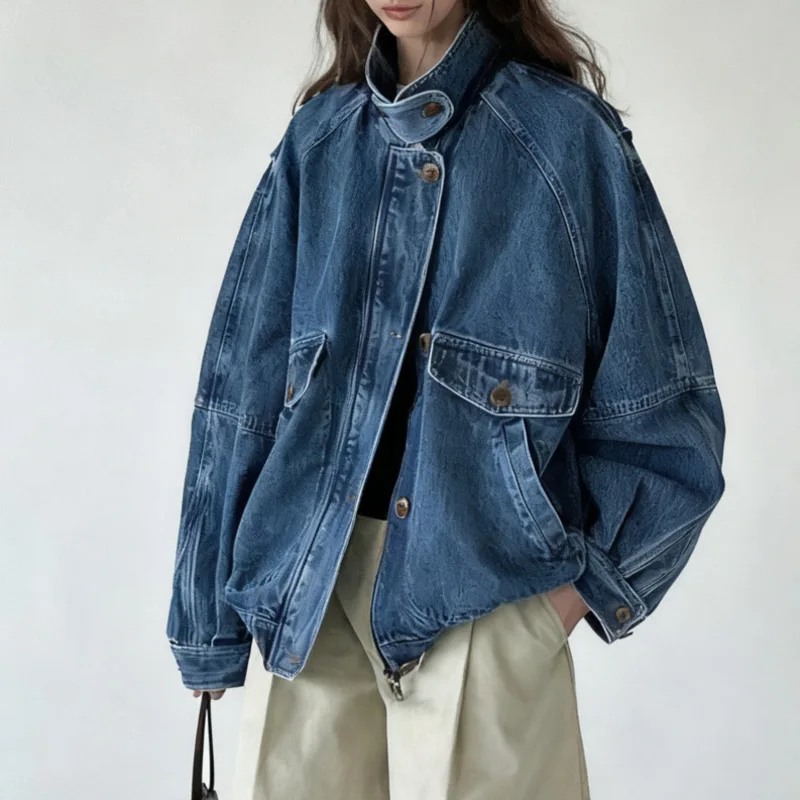 

SuperAen Retro Large Pocket Washed Denim Jacket Women New Autumn and Winter Stand-up Collar Loose Single-breasted Coats