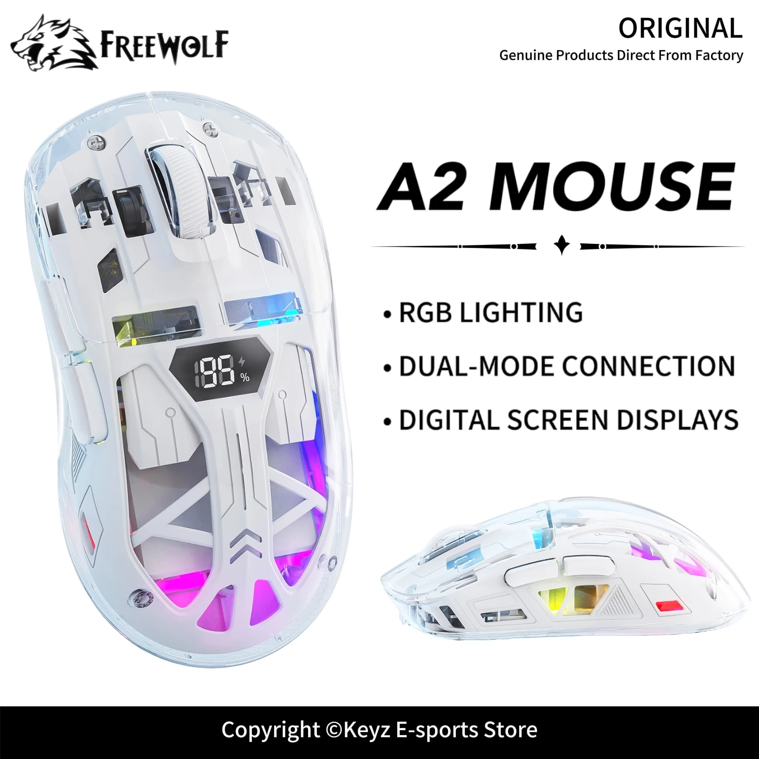 A2 Transparent RGB Dual Mode Wireless Mouse Digital Battery Display FREEWOLF 5 Speed DPI Type-C Charging Lightweight for Gaming