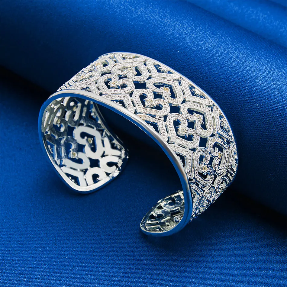 925 sterling silver exquisite heart-shaped hollow wide open face bracelet for women's fashion parties, wedding jewelry