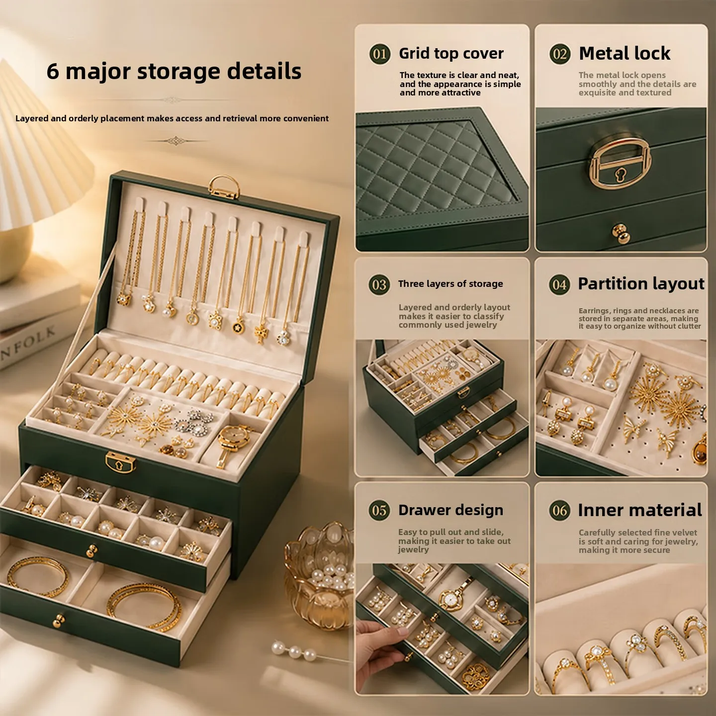 Luxury Jewelry Storage Box with Lock, Double Layer PU Organizer with Velvet Interior for Rings and Accessories