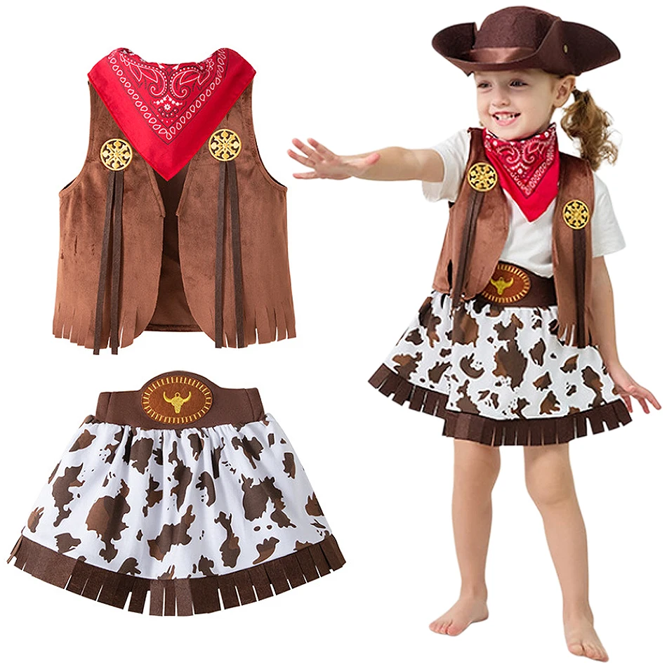 Girls Cowboy Cosplay Hat Vest Skirt Set Children Carnival Halloween Holiday Role Play Outfits Kid Stage Performance 4Pcs Clothes