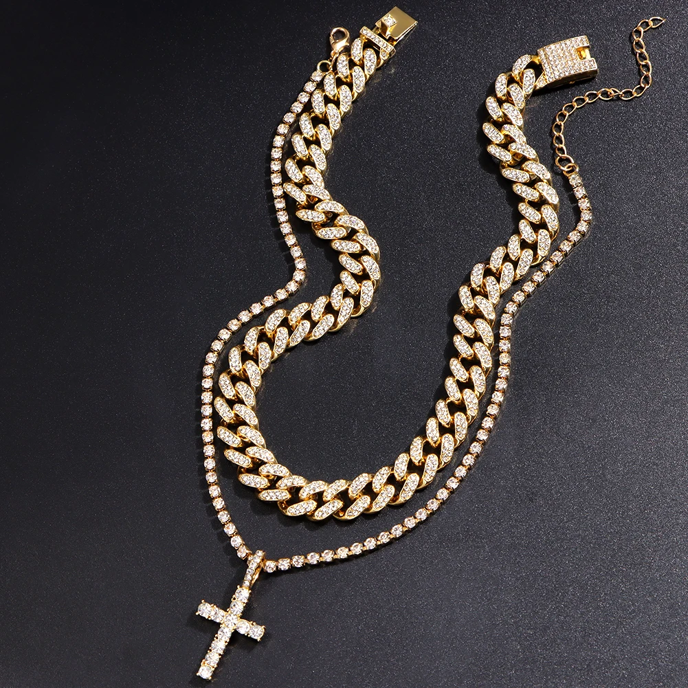 Hip Hop Diamond Cuban Link Chain Cross Necklace Men Women 2Pcs Bling Miami Cuban Chain Necklace Set Iced Out Chain Jewelry