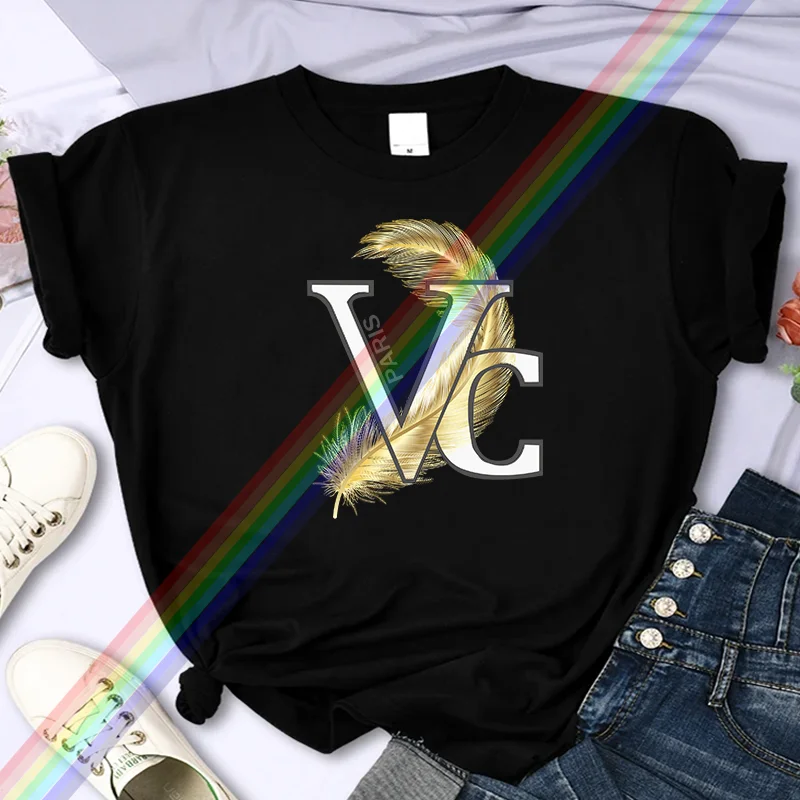 T-shirt imprimé plumes pour femmes, marque de luxe, haute qualité, été, 100% coton, décontracté,