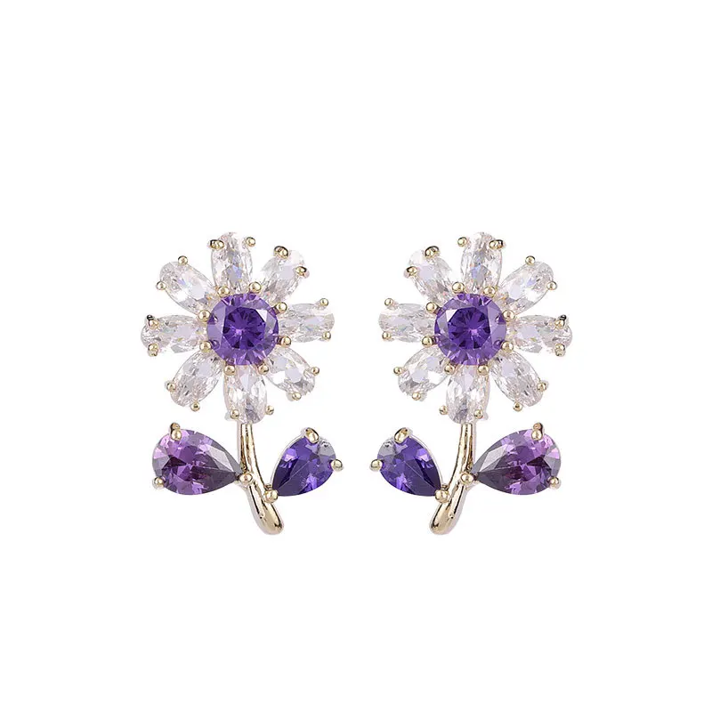 Orecchini in argento s925 con zirconi intarsiati, piccoli orecchini con fiori a margherita, orecchini a bottone con piccoli fiori freschi, semplici e versatili