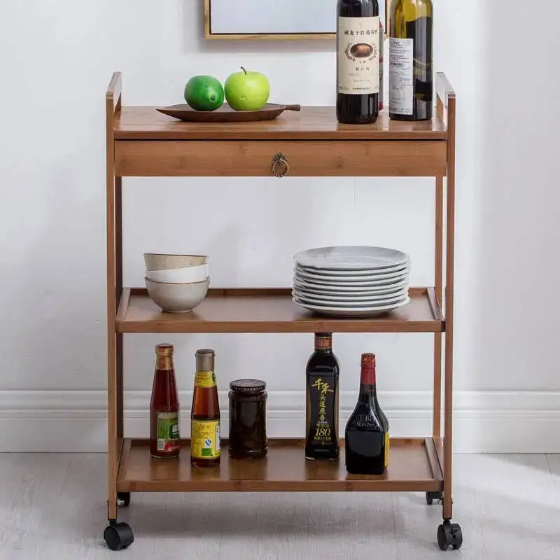 Cart Hotel Multi-function Restaurant Mobile Cart Hotel Trolley with Service Wheels Bamboo Furniture Wine Bar Home Kitchen Cart