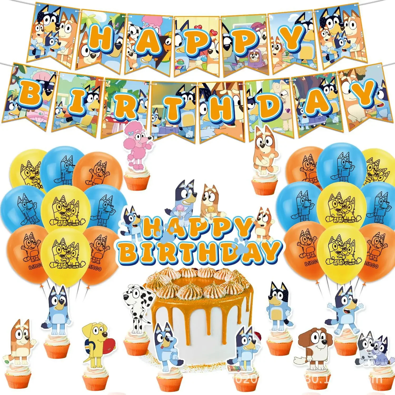 Hot Cartoon Bluey family Dog Birthday Party Supply Disposable Banner Cake Topper Hanging Flag Balloons Set Birthday Decorations