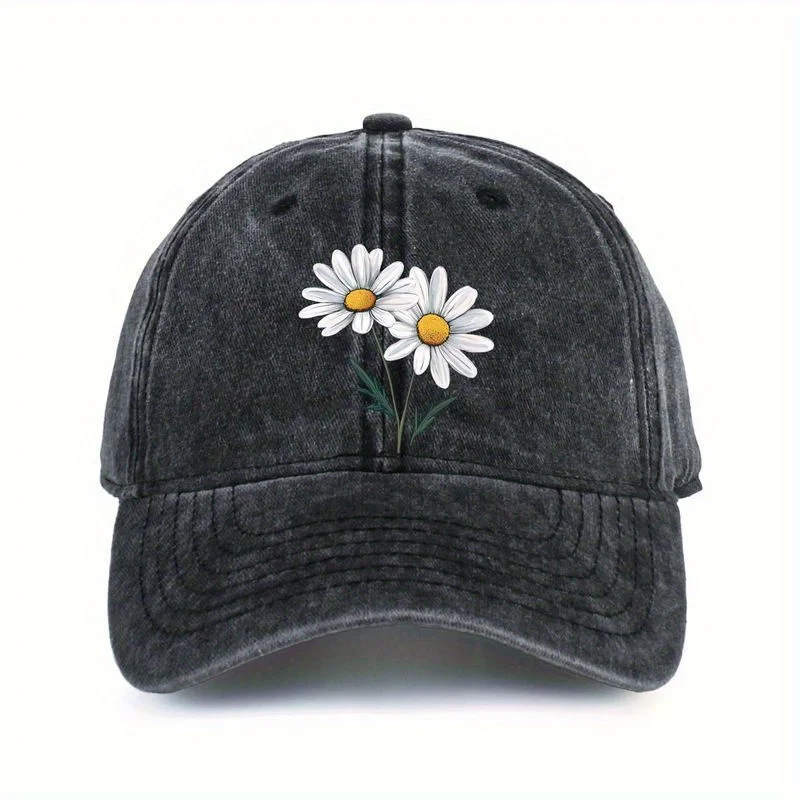 Daisy print Baseball Cap Washed Denim Sun Hat Casual Adjustable Outdoor Unisex Dad Hat