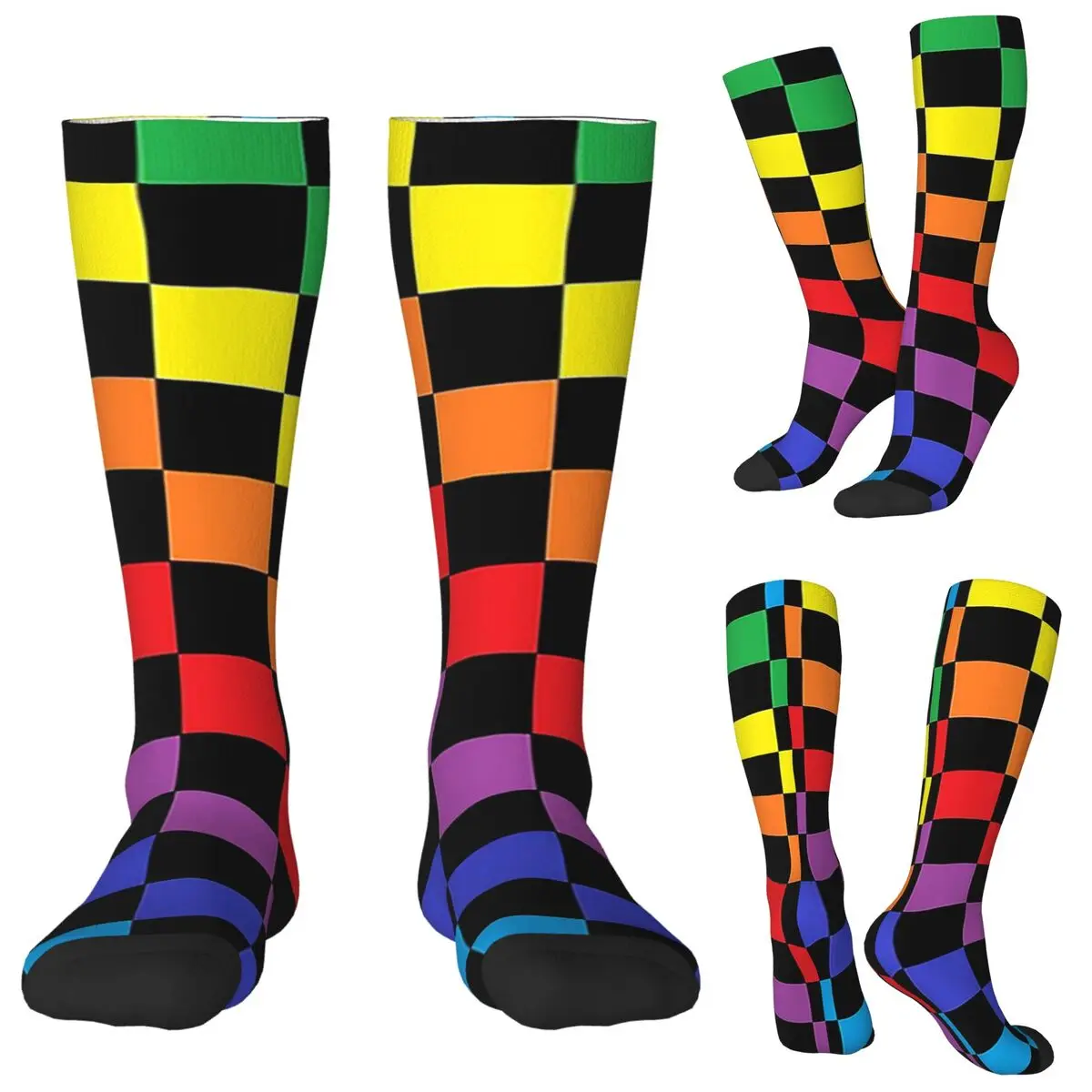 

Клетчатые радужные черные носки, чулки в стиле Харадзюку, всесезонные длинные носки, аксессуары для подарка на день рождения унисекс