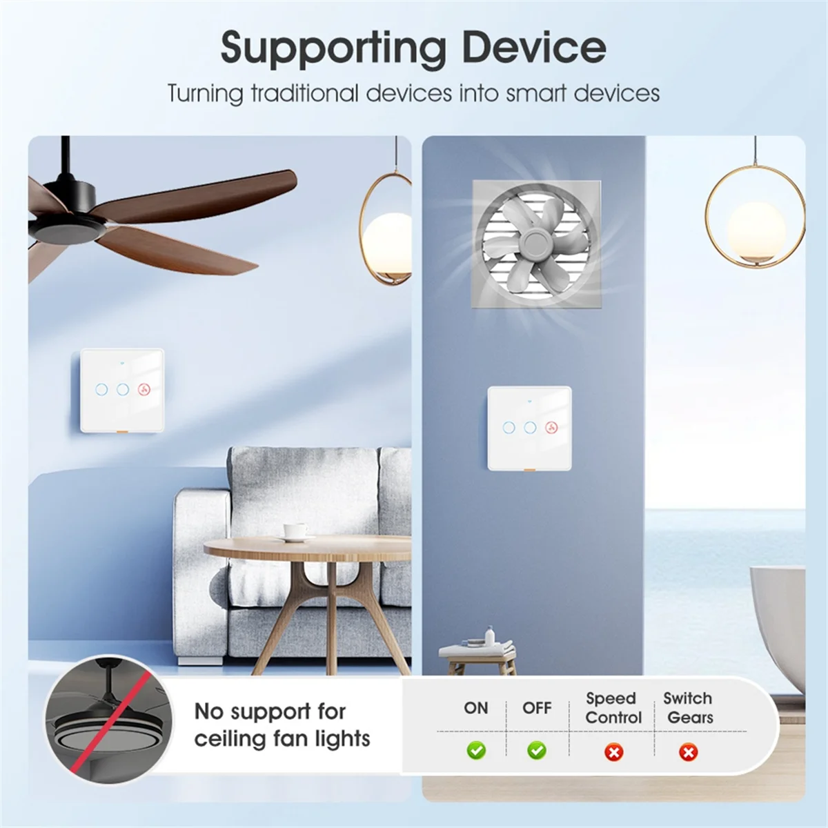 

Умный переключатель с вентилятором, двусторонний пульт дистанционного управления, настенный сенсорный переключатель, белый